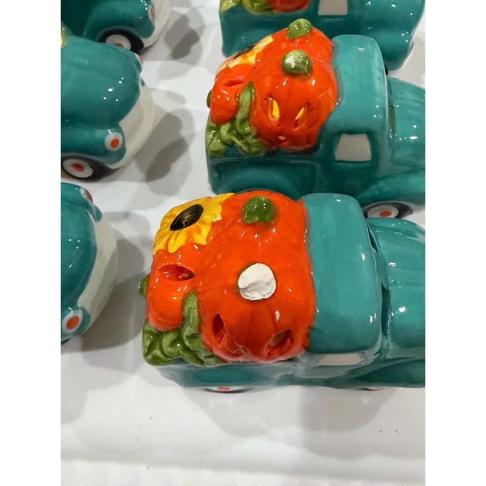 Fall Harvest Decor Lot Teal Ceramic Light Up Pumpkin Trucks Raffia Wood Pumpkin